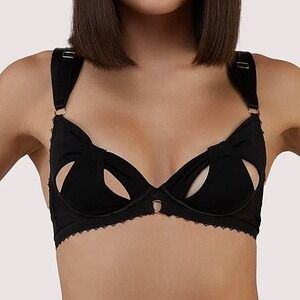 NEW Bettie Page Anita Mesh Cutout Bow Bra Sz 34G Black Underwire Open Cut NWT